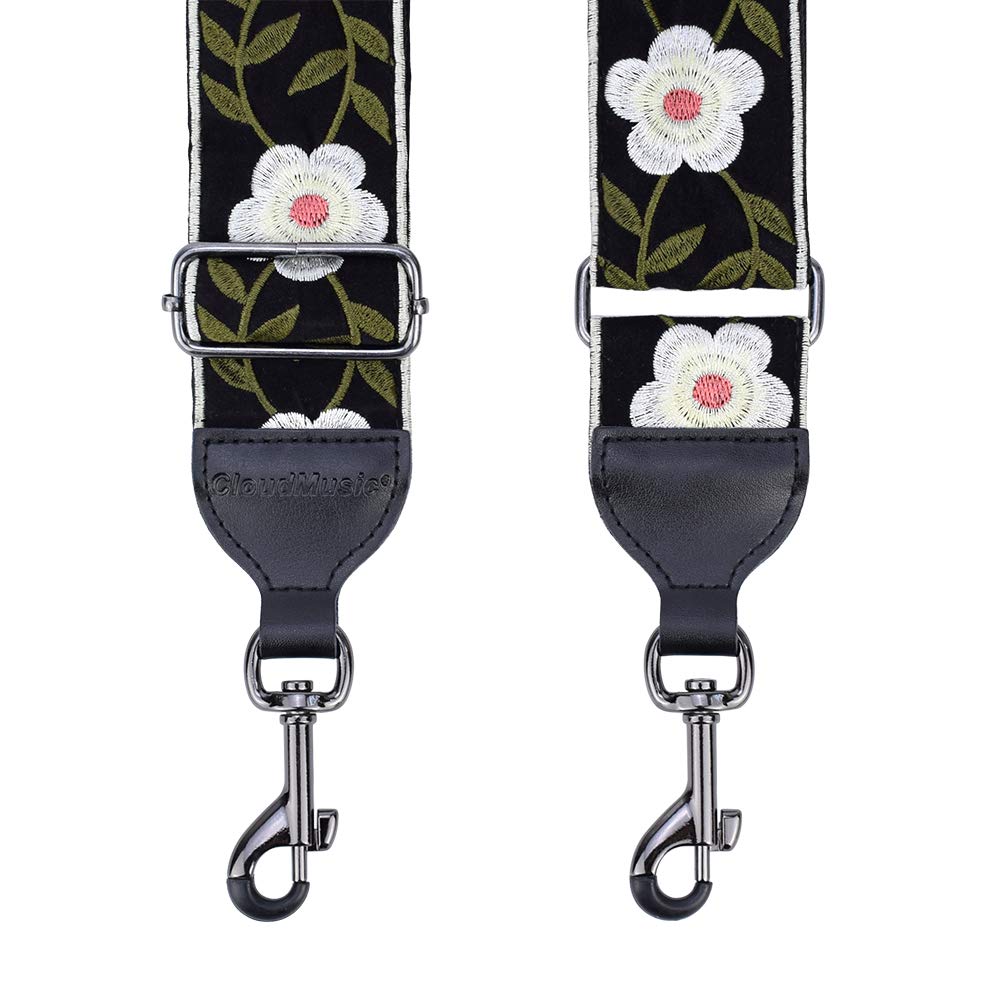 CLOUDMUSIC Banjo Strap Guitar Strap For Handbag Purse Jacquard Woven With Leather Ends And Metal Clips(White Flowers) - Image 3