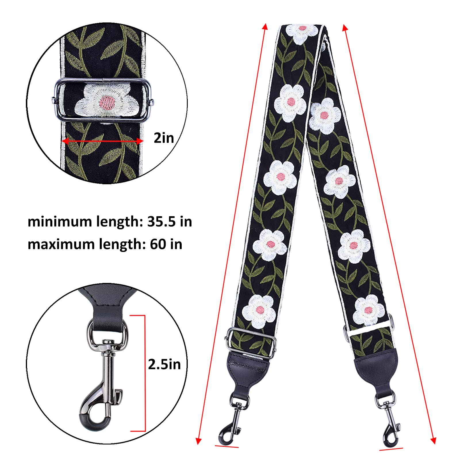 CLOUDMUSIC Banjo Strap Guitar Strap For Handbag Purse Jacquard Woven With Leather Ends And Metal Clips(White Flowers) - Image 7
