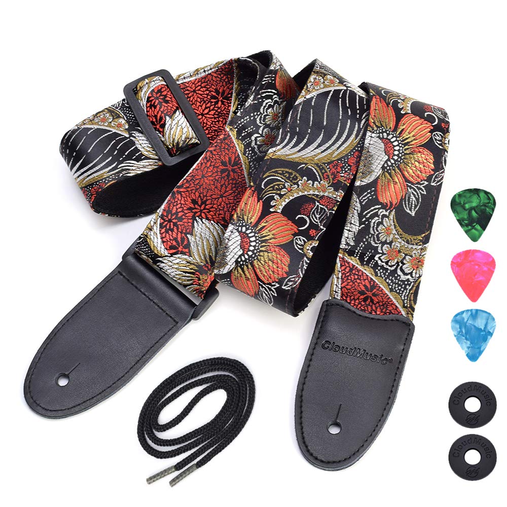 CLOUDMUSIC Guitar Strap For Acoustic Electric Embroidered Jacquard Vintage Floral Patterns(Flowers In Black) - Image 7