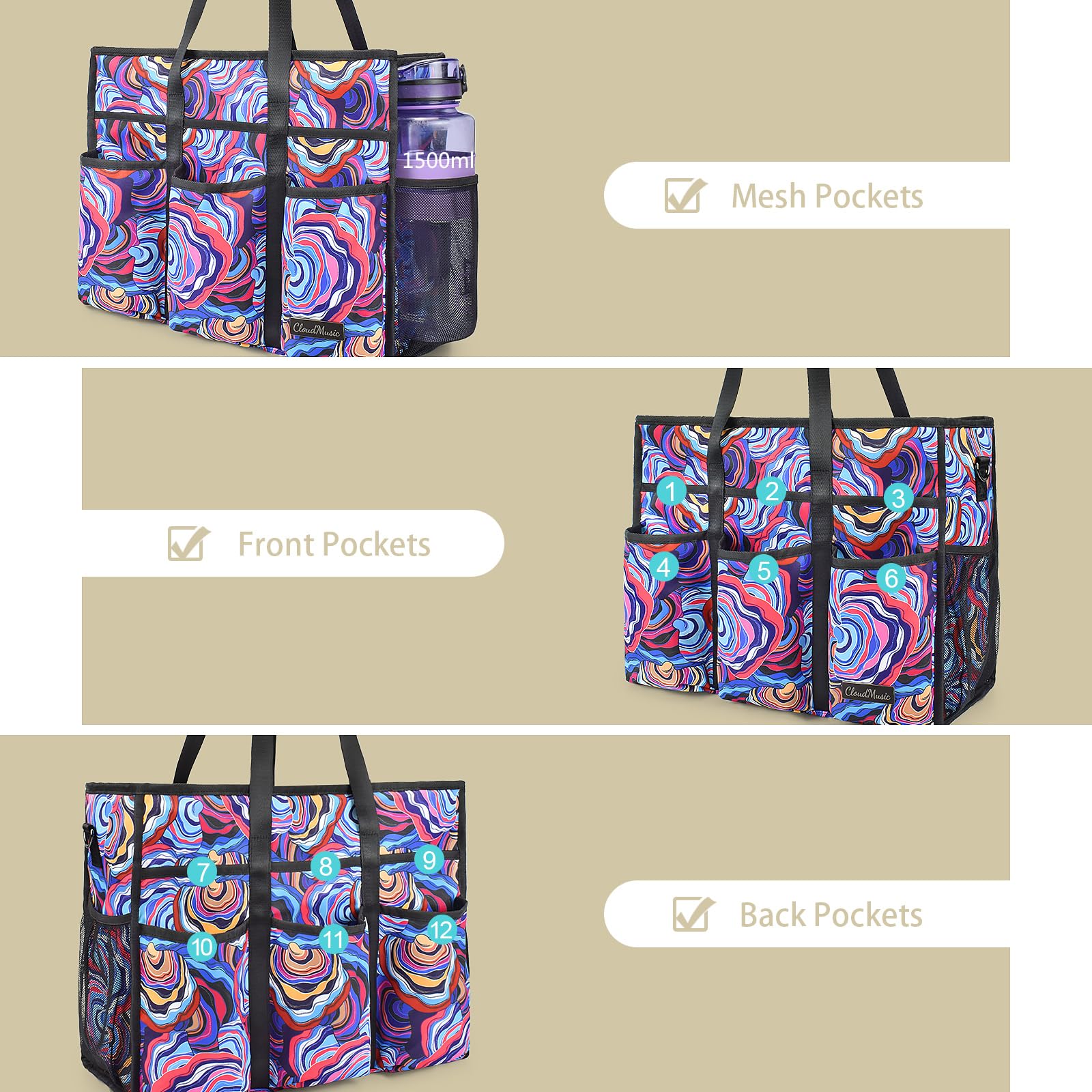 CLOUDMUSIC Large Tote Bag For Women Travel Nurse Teacher Work Waterpoof With Zipper Utility Everything Bags | Travel, Nurse, Teacher, Work, Waterpoof, With Zipper, Utility, Everything Bags - Image 6